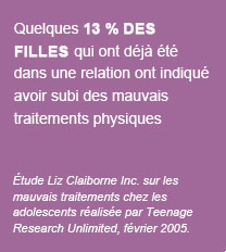Quelques 13 % des filles qui ont d�j� �t� dans une relation ont indiqu� avoir subi des mauvais traitements physiques
