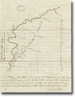map of the area, with the Red River, Assiniboine River, Catfish Creek, Brandon house, Seven Oaks, and Frog Plains. The map shows the location of &ldquo;Cart Tracks of the NWC Servants&rdquo;, which is intersected by &ldquo;The track of M. Fraser and two men&rdquo;