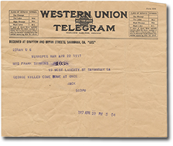 Western Union telegram from Jack Battershill in Winnipeg, Manitoba to Amelia Simmons in Savannah, Georgia, dated April 22, 1917. It reads: &ldquo;George killed come home at once. Jack&rdquo;