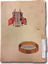 cover of the &ldquo;Second Contingent, Military District No. 10 1915&rdquo; booklet. The cover has a illustration of two military flags and a illustration of a military belt with the words &ldquo;In commeration of the second contingent going to the front from miliatry district no. 10 canada 1915&rdquo;