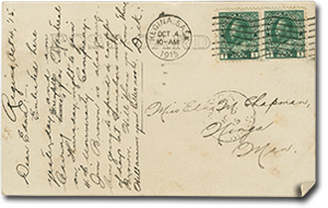 Back of Postcard, which reads &ldquo;Regina, Oct 1, '15. Dear Edna: Enlisted here yesterday and am leaving Grenfell for Montreal on Thursday night to join 4th University Company. Jim Brown is also going. Am going to spend a couple of days at Gainsboro with Brown. Will phone you from there. Will answer your letter soon. Dick.&rdquo; Postmarked Regina, Sask Oct 4 10-am 1915