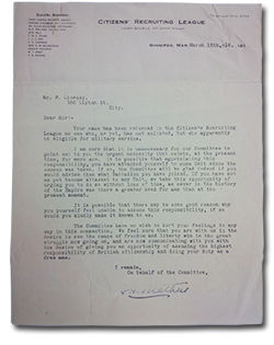 Letter with 1 page from The Citizens&rsquo; Recruiting League to Fred Livesay