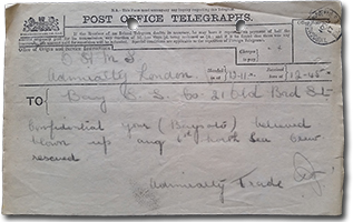 telegram to Bay Steamship Company from the British Admiralty: &ldquo;Confidential your (Baysoto) believed blown up aug 6th North Sea crew rescued&rdquo;