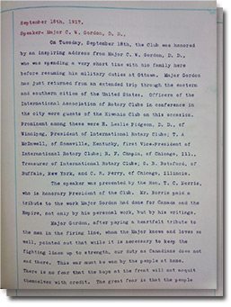 Minutes of Kiwanis Club meeting with summary of Major Gordon&rsquo;s talk with 2 pages