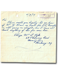 handwritten letter dated 15/9/14 &ldquo;Sir, Please would you kindly let me know if Mr. G. Bacon on board the S. S. Nascopie is still going on alright as I have not heard anything of him for some time. Oblige Miss L. Pyke, 42 Chalgrove Road, Morning Lane, Hackney, Eq.&rdquo;