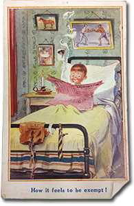 Postcard with an illustration of three young boys resting under a tree and smoking cigars. One has a leg in a cast. A crutch lays next to him on the ground. Another boy has an arm in a sling. The third boy is obscured by the other boys, but seemes to be reading a paper. The postcard is captioned &ldquo;Blighty &ndash; good old Blighty!&rdquo;