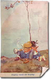 Postcard with an illustration of a boy in a hospital bed. A cigarette hangs from his lips as he reads a sporting newspaper. Four pictures on the wall show two men boxing, a horse, a ballerina, and a woman in a hat. Pants and a tie are drapped over the railing at the foot of the bed. The postcard is captioned &ldquo;How it feels to be exempt!&rdquo;