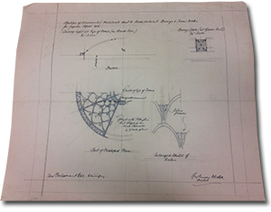 sketches of ornamental metalwork sent to Architectural Bronze and Iron Works for figures April 1916. Ceiling light at Eye of Dome (in Black Iron) 1/2&Prime; scale. Bronze Gate (at grade level) 1/4&Prime; scale.