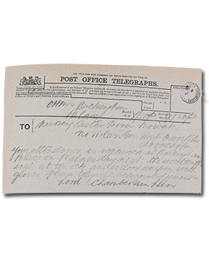 handwritten telegram in scrapbook. &ldquo;Buckingham Palace. Nursing Section Mina Mowat. No 11 Can Gen Hosp Moore Shorncliffe. Your attendance is required at Buckingham Palace on Wednesday next the seventeenth  inst at ten ock indoor uniform with gloves please telegraph acknowledgement. Lord Chamberlain Ldn.&rdquo; The caption in the scrapbook is &ldquo;Telegram from the Lord Chamberlain requesting attendance of Wilhelmina Mowat at Buckingham Palace where she was invested with the Royal Red Cross by His Magesty King George.&rdquo;
