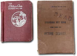 close up photo of two books. One it titled &ldquo;Army Book 64. Canadian Pay Book for use on Active Service&rdquo; and stamped &ldquo;DEAD&rdquo;. Book entitled &ldquo;The Soldiers Own Diary&rdquo;