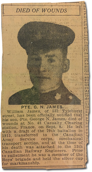 clipping of Newspaper article announcing Pte. G. N. James &ldquo;Died of Wounds&rdquo;