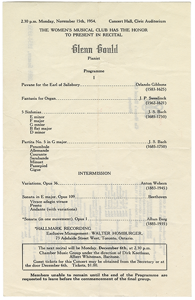 Women&rsquo;s Musical Club of Winnipeg fonds, Single Programmes